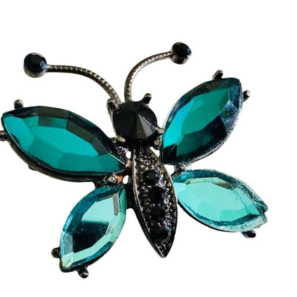 Gunmetal w/ Green & Black Rhinestones Butterfly Pin Brooch Estate Jewelry